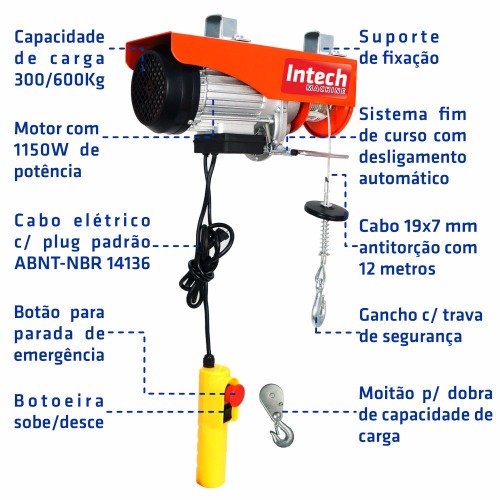 Guincho talha el�trica 300/600 kg eleva��o at� 12 m - ELEV600  110V