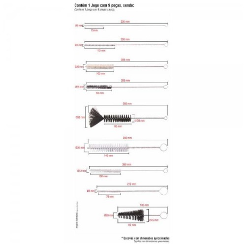 Jogo escova de nylon manual tubular com 9 peças Jogo escova de nylon manual tubular com 9 peças