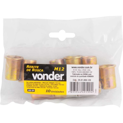 Rebite de rosca M12 x 24 mm com 10 pe�as - Vonder