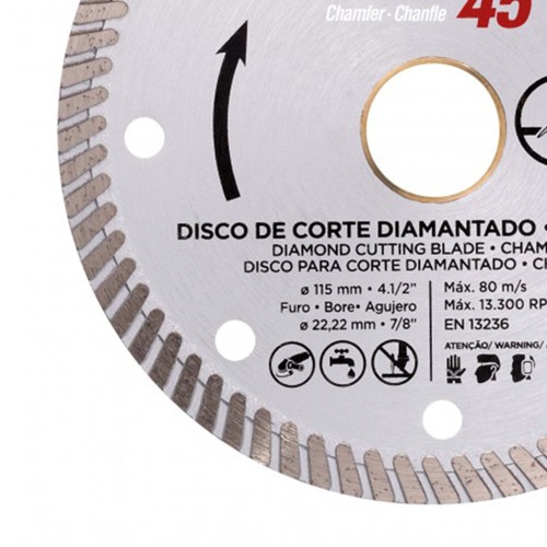 Disco diamantado 115 mm para corte chanfrado 45° para cerâmica e mármore - 61907 Disco diamantado 115 mm para corte chanfrado 45° para cerâmica e mármore - 61907