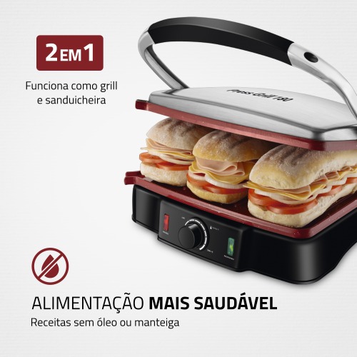 Sanduicheira Grill antiaderente 1.800 watts Press Grill Red Ceramic - PG-02  110V