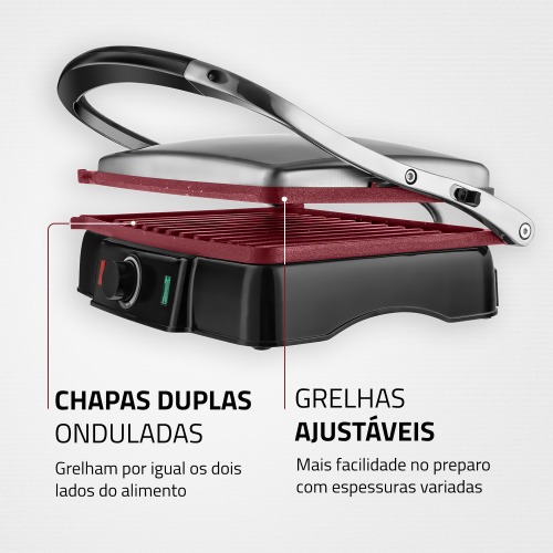 Sanduicheira Grill antiaderente 1.800 watts Press Grill Red Ceramic - PG-02  110V