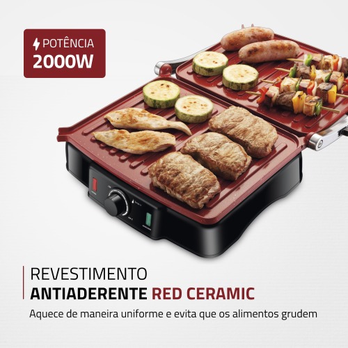 Sanduicheira Grill antiaderente 1.800 watts Press Grill Red Ceramic - PG-02  110V