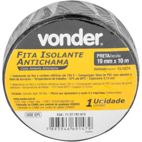Fita isolante antichama 19 mm x 10 m preta com 10 pe�as