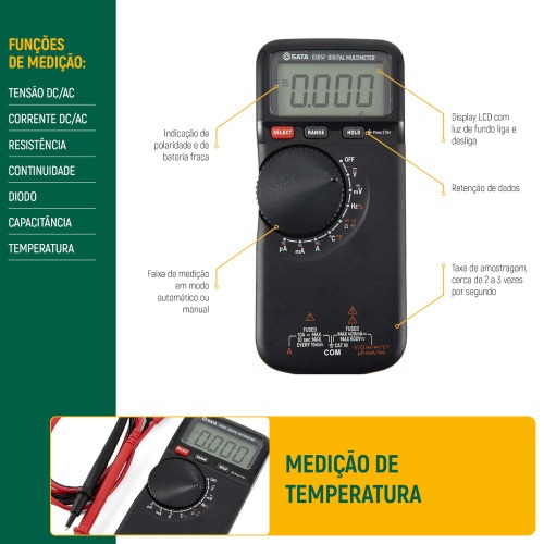 Mult�metro digital com medi��o de temperatura 600V CAT III DC/AC - ST03057