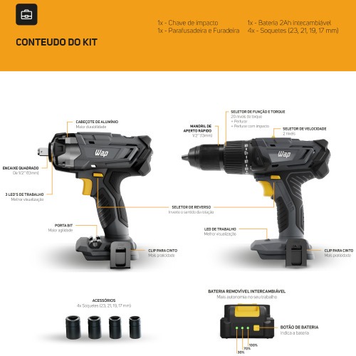 Combo Furadeira Parafusadeira de impacto K21 ID03 + Chave de impacto K21 CH01 21V - K21 KT01  110V/220V