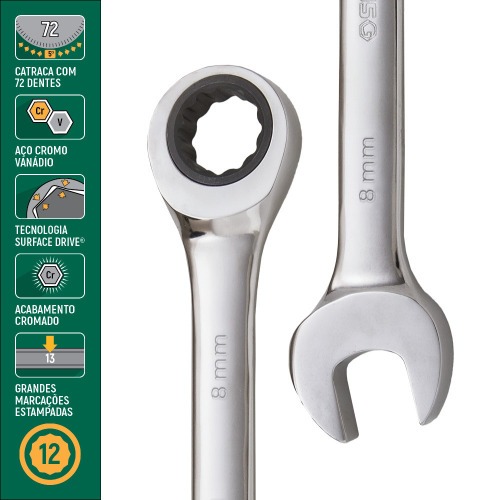 Chave combinada com catraca 8 mm a�o cromo van�dio - ST43201ST