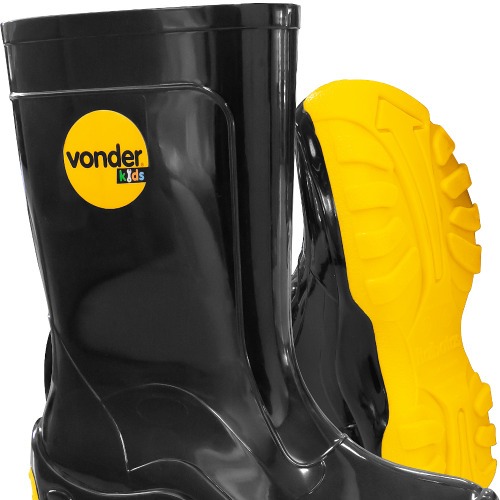 Bota infantil de PVC preta e amarela com forro    