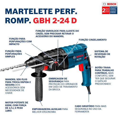 Martelete Perfurador e Rompedor 820W 2,7 joules Sds Plus com n�vel de alum�nio - GBH2-24D  110V