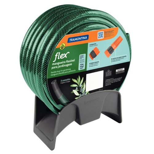 Mangueira Flex Verde em PVC 3 Camadas 15 m com Engate Esguicho e Suporte