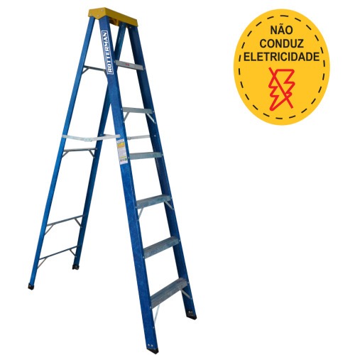 Escada tesoura simples em fibra de vidro 6 degraus + patamar 2,10 m- Premium