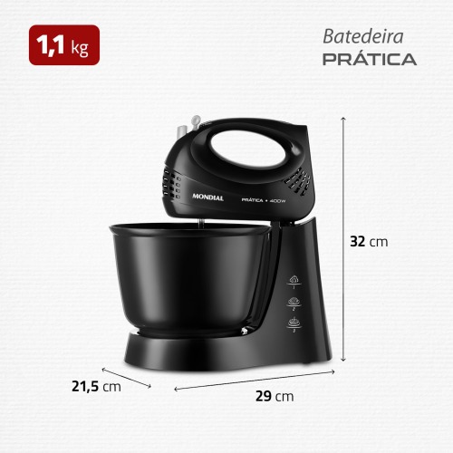 Batedeira 400 watts 3 velocidades preta Prática - B-44-B 110V Batedeira 400 watts 3 velocidades preta Prática - B-44-B 110V