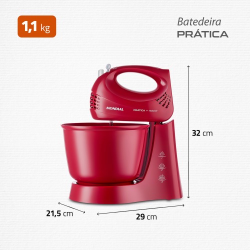 Batedeira 400 watts 3 velocidades vermelha Pr�tica - B-44-R  110V
