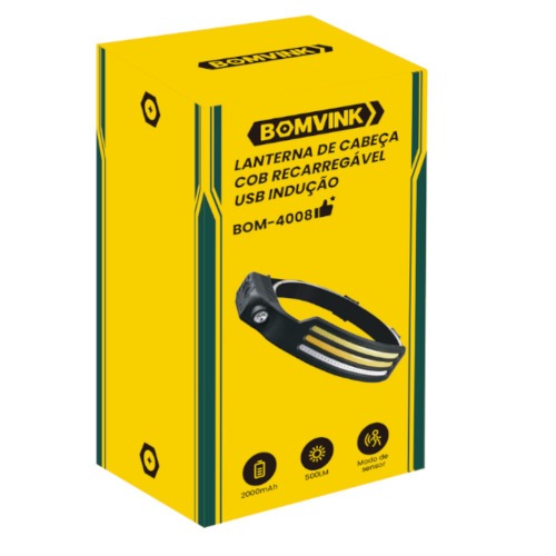 Lanterna de cabe�a recarreg�vel 3 LEDs COB 500 l�mens - BOM-4008