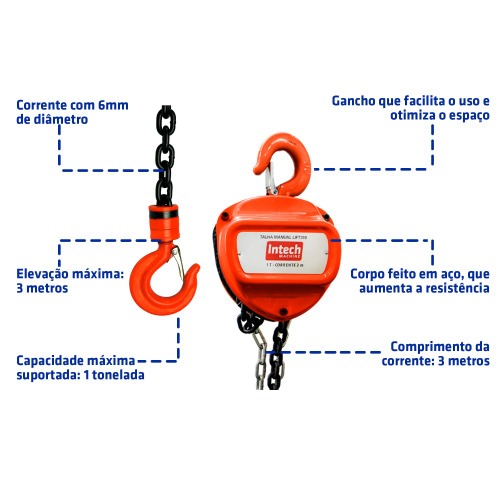 Talha manual com capacidade de 1.000 kg e 3 metros de corrente - LIFT310