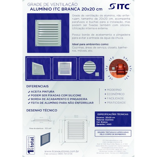 Grade de ventila��o em alum�nio branca quadrada 20 x 20 cm