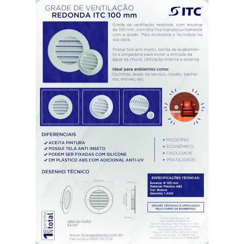 Grade de ventila��o pl�stica para duto de 100 mm