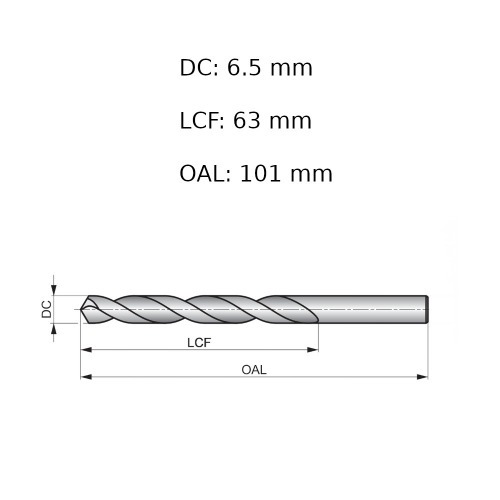 Broca de aço rápido para metal 6,5 mm DIN 338 - A1146.5B Broca de aço rápido para metal 6,5 mm DIN 338 - A1146.5B
