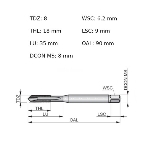 Macho m�quina a�o r�pido ponta helicoidal M8 x 1,25 mm DIN 371 - EP00M8