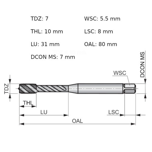 Macho m�quina a�o r�pido canal helicoidal M7 x 1 mm DIN 371 - EX00M7