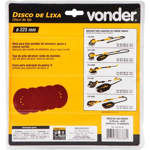 Disco de lixa com costado em pluma 225 mm gr�o 220 com 10 pe�as