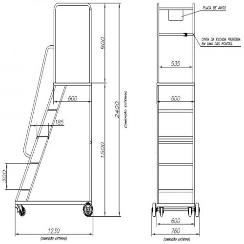 Escada plataforma de ferro 1,5 m 4 degraus + patamar - 58-D
