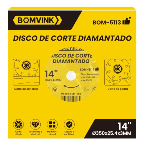 Disco diamantado segmentado 350 mm para concreto e pedra - BOM-5113
