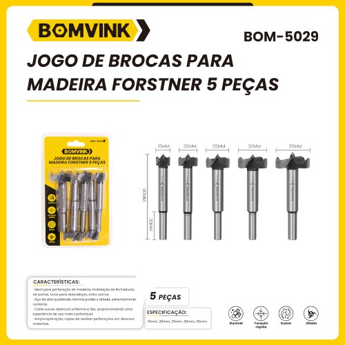 Jogo de broca forstner para madeira 15 a 35 mm com 5 pe�as - BOM-5029