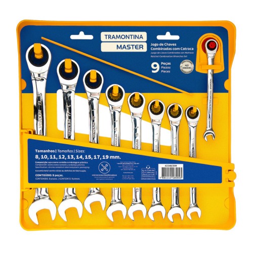 Jogo de chave combinada com catraca 8 a 19 mm 9 peças Jogo de chave combinada com catraca 8 a 19 mm 9 peças