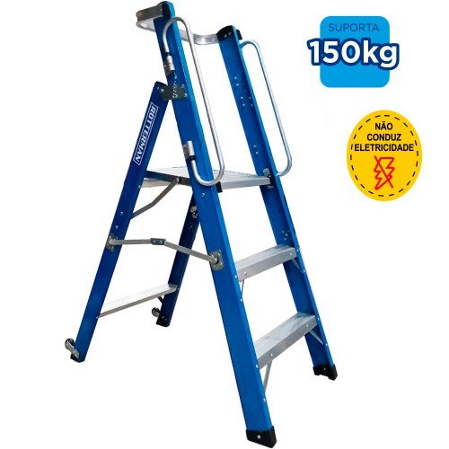 Escada plataforma fibra de vidro 2 degraus 0,9 m com rodas e corrim�o - PAF090