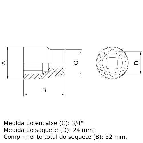 Soquete estriado 24 mm encaixe 3/4