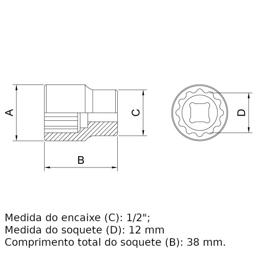 Soquete estriado 12 mm encaixe 1/2