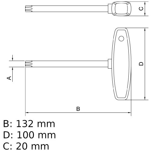 Chave hexalobular T27 x 100 mm cabo T aço cromo vanádio Chave hexalobular T27 x 100 mm cabo T aço cromo vanádio