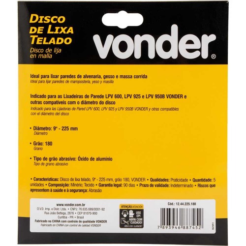 Disco de lixa telado 225 mm gr�o 180 com 5 pe�as