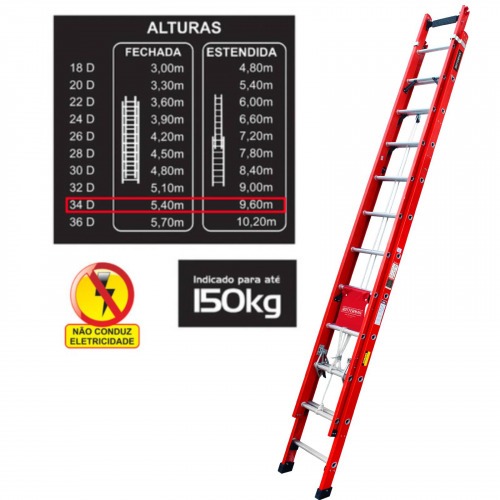 Escada de fibra de vidro extensível 5,40 x 9,60 m 34 degraus - EFR9935 Escada de fibra de vidro extensível 5,40 x 9,60 m 34 degraus - EFR9935