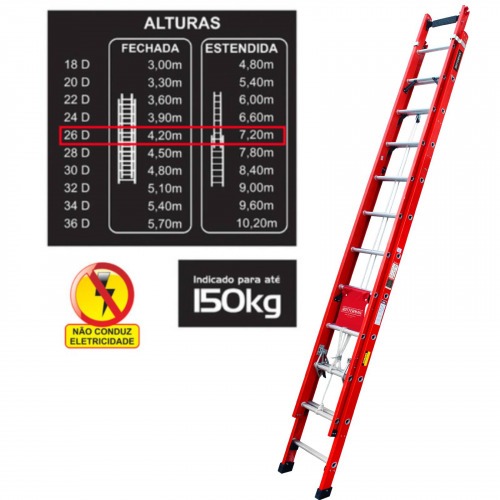 Escada de fibra de vidro extensível 4,20 x 7,20 m 26 degraus - EFR9931 Escada de fibra de vidro extensível 4,20 x 7,20 m 26 degraus - EFR9931