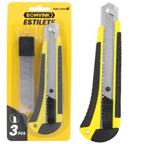 Estilete largo 18 mm com 3 lâminas - BOM-3304 Estilete largo 18 mm com 3 lâminas - BOM-3304