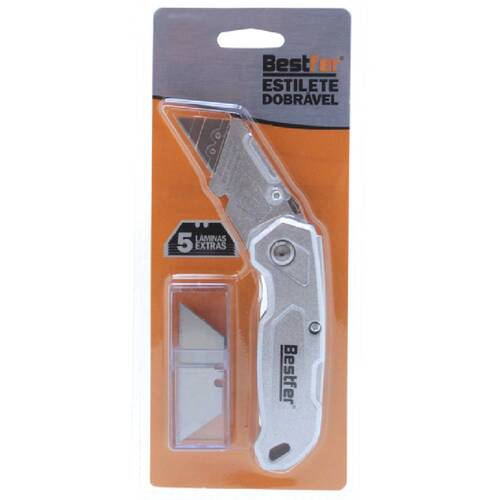 Estilete trapezoidal dobrável em alumínio com 5 lâminas extras - BFH3044 Estilete trapezoidal dobrável em alumínio com 5 lâminas extras - BFH3044
