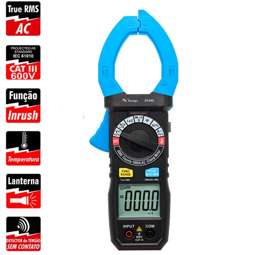 Alicate amperímetro digital 1000A True RMS AC CAT IV 600V - ET-3167 Alicate amperímetro digital 1000A True RMS AC CAT IV 600V - ET-3167