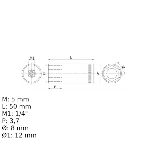 Soquete sextavado longo 5 mm encaixe 1/4 Soquete sextavado longo 5 mm encaixe 1/4