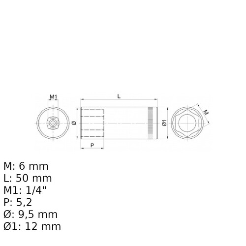 Soquete sextavado longo 6 mm encaixe 1/4 Soquete sextavado longo 6 mm encaixe 1/4