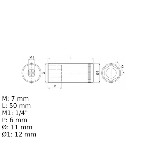 Soquete sextavado longo 7 mm encaixe 1/4 Soquete sextavado longo 7 mm encaixe 1/4