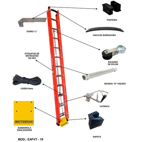 Escada de fibra de vidro extensiva 3,60 x 6,00 m 19 degraus Telecom - EAFVT19