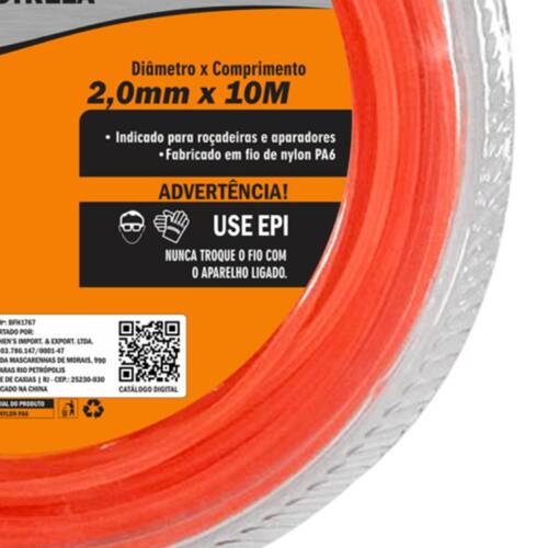 Fio de nylon estrela para roçadeira 2,0 mm x 10 metros - BFH1767 Fio de nylon estrela para roçadeira 2,0 mm x 10 metros - BFH1767